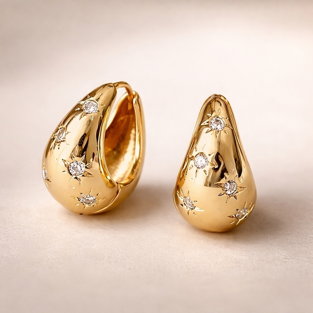 Celestial Gold Teardrop Huggie Earrings with Crystal Accents